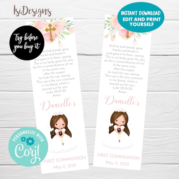 First Holy Communion Editable Bookmark, Instant Download, Girl Communion Favor Tags, Recuerdos Primera Comunion