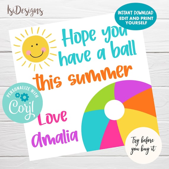Summer Favor Tags, Instant Download, Hope you have a ball this summer ...
