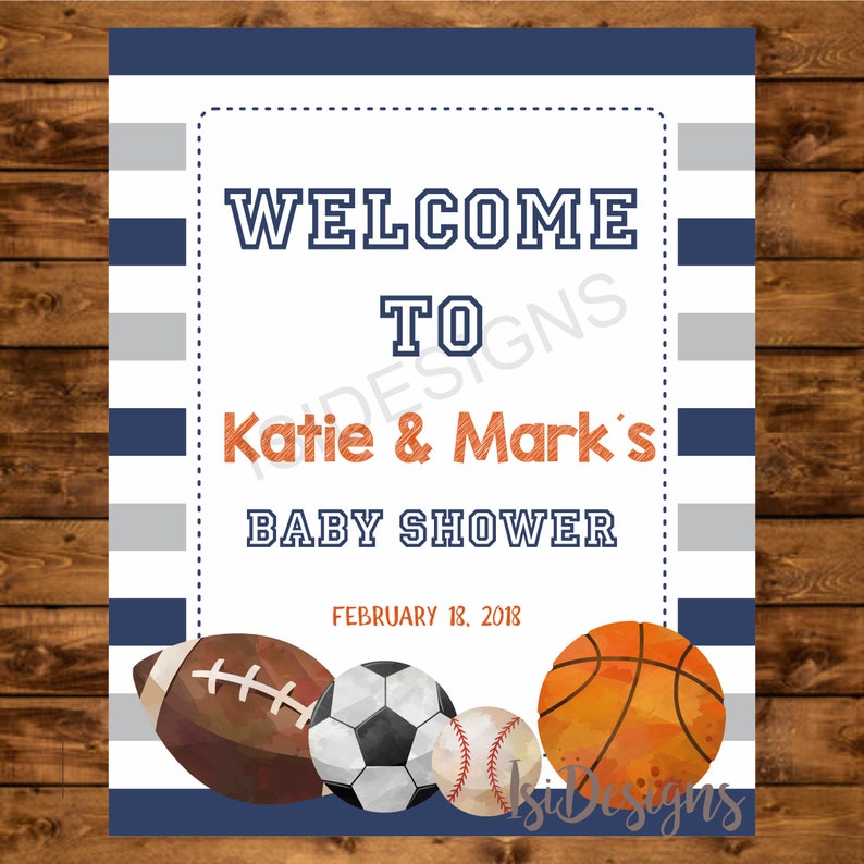 Sports Baby Shower Welcome Sign Printable Themed Personalized Football Soccer Basketball Baseball