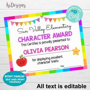 Positive Character Trait Award, Sofortiger Download, editierbares Award-Zertifikat, druckbares Vorschul-Award-Diplom, Kindergarten-Zertifikat