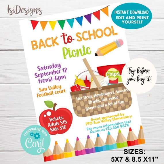 EDITABLE Back To School Picnic PTO Fundraising Event School Picnic 
