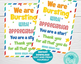 May include: Two printable signs with a colourful border and stars. The text on the signs reads "We are bursting with appreciation. You are a star! Thank you for all that you do. Green Valley PTO."  The signs are for teachers or staff appreciation.