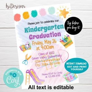 Kindergarten Graduation Editable Invitation, Graduation Ceremony, Preschool Graduation Celebration, Instant Download, Graduation Template