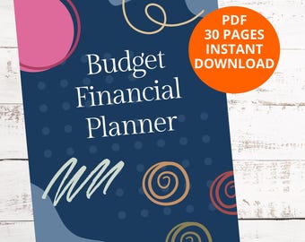 Pode incluir: Um Planeador Financeiro de Orçamento azul marinho com formas abstratas em rosa, azul e bege. O planeador tem o texto "Budget Financial Planner" em branco. Um círculo laranja com o texto "PDF 30 PÁGINAS DOWNLOAD INSTANTÂNEO" está no canto superior direito.