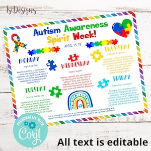 Autism Awareness Spirit Week Editable Flyer, Autism Awareness Fundraiser Event, School PTA PTO Community Health Kids Benefit, Family Day