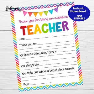 Teacher Appreciation Letter, Printable Rainbow Fill in the Blanks Letter, Instant Download, Teacher Appreciation Week Thank You Letter