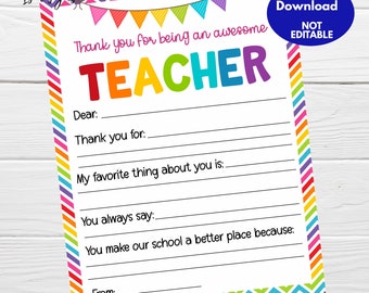 Teacher Appreciation Letter, Printable Rainbow Fill in the Blanks Letter, Instant Download, Teacher Appreciation Week Thank You Letter