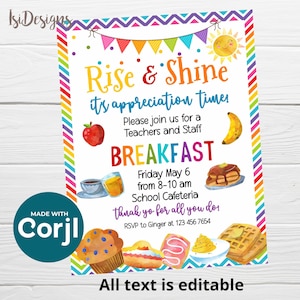 Editable Rise and Shine Breakfast Appreciation Invitation, Breakfast Thank you Teacher Staff Hospital Nurse Employee Brunch Invitation