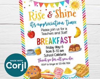 Editable Rise and Shine Breakfast Appreciation Invitation, Breakfast Thank you Teacher Staff Hospital Nurse Employee Brunch Invitation