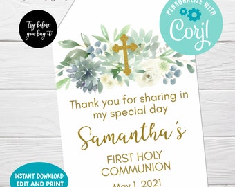 First Holy Communion Favor Tags, Editable Thank you Tags, Etiqueta Recuerdo de Primera Comunión