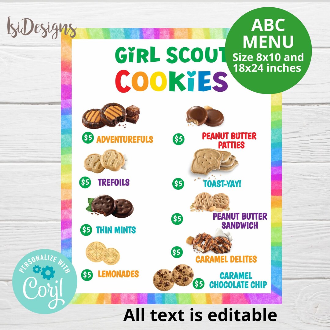 ABC Girl Scout Cookie Editable Menu, 2024 Printable Cookie Sale Price ...