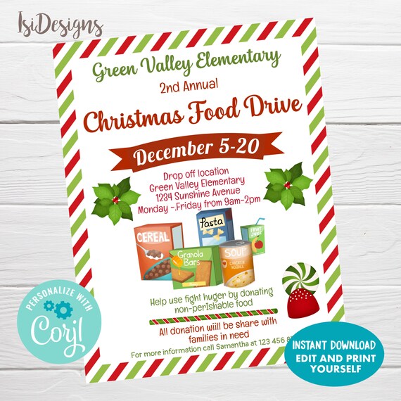 Editable Christmas Food Drive Flyer, PTA PTO Flyer, School Church, Charity Poster Invite 