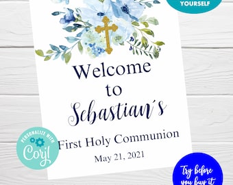 First First Communion Welcome Sign, Blue Floral Editable Sign, First Communion Decoration, Decoration Primera Communion