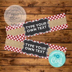 BBQ water bottle labels, Instant Download, editable favor labels, Rustic water bottle labels, BBQ Decoration, Chalkboard & Gingham