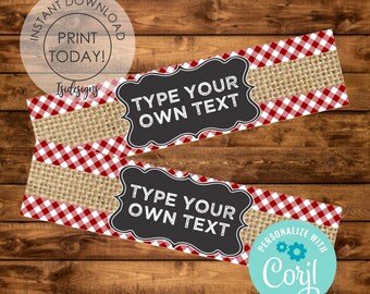 May include: Two printable red and white gingham and burlap gift tags with a black chalkboard style label that says "Type Your Own Text". The tags are personalized with a teal circle that says "Personalize with Corjl".