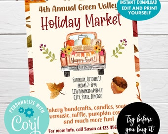 May include: A seasonal flyer advertising the 4th Annual Green Valley Holiday Market. The design features a watercolour illustration of a vintage truck laden with pumpkins and sunflowers. Text includes event details and "Happy Fall!"
