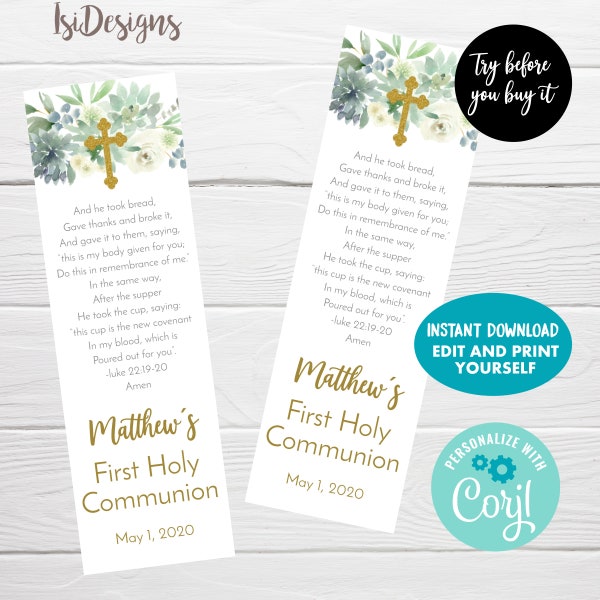 First Holy Communion Editable Bookmark, Instant Download, Girl Communion Favor Tags, Recuerdos Primera Comunion