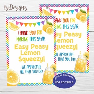 Teacher Week Printable Tags, Easy Peasy Lemon Squeezy Tags, Instant Download, Summer Break Lemon Treat Tags, Lemonade Teacher Appreciation