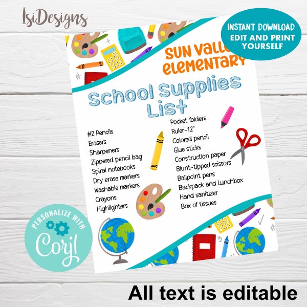 Elementary School Supplies Checklist, Editable Back to School Planner Template, School Supplies Shopping List, Middle High School Supplies