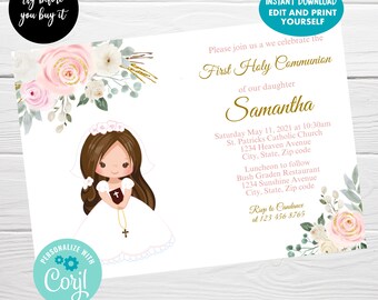 May include: A printable invitation for a First Holy Communion celebration. The invitation features a watercolor illustration of pink and white flowers, greenery, and a girl in a white dress holding a book. The text reads "Please join us as we celebrate the First Holy Communion of our daughter Samantha. Saturday May 11, 2021 at 10:30am St. Patricks Catholic Church 1234 Heaven Avenue City, State, Zip code Luncheon to follow Bush Graden Restaurant 1234 Sunshine Avenue City, State, Zip code Rsep to Condance at 123 456 8765".