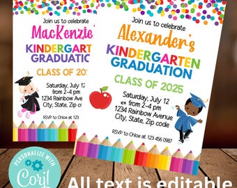May include: Two printable kindergarten graduation invitations with colorful confetti backgrounds. The invitations feature a girl and boy in graduation caps and gowns, and the text "Join us to celebrate [name]'s Kindergarten Graduation, Class of [year]" with details about the event.