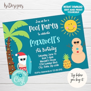 Pool Party Editable Invitation, Printable Christmas in Summer Party Invitation, Santa Pool Party Invite, Summer Birthday Digital Download