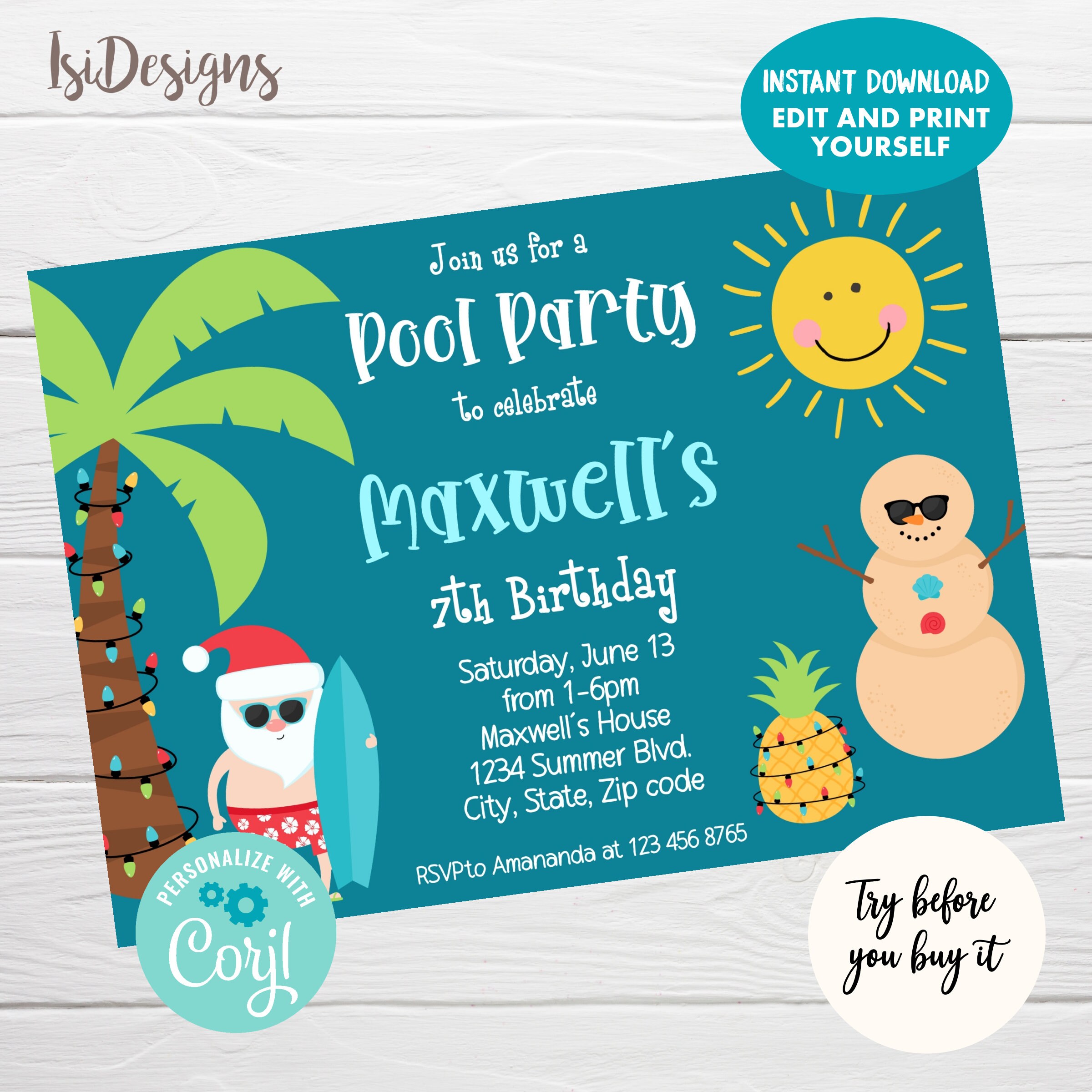 Pool Party Editable Invitation Printable Christmas In Summer Etsy