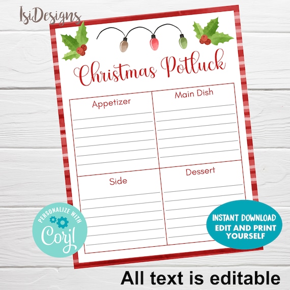 Christmas Potluck Sign Up Sheet, Editable Holidays Events Potluck Organizer, Christmas Brunch
