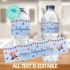4th of July Water Bottle Label, Instant Download, Editable Independence Day Bottle Labels, Patriotic Party Decoration, Red White Blue Label
