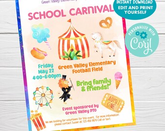 EDITIERBARER Karnevalsflyer, PTA-PTO-Flyer, Schulkirche-Community-Benefiz-Spendenaktions-Event-Poster, Sofortiger Download, Zirkus-Marketing-Vorlage