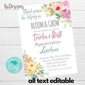 Floral Appreciation Luncheon Invitation, Editable PTA / PTO School Flyer, Instant Download, Thank you for Helping us Grow, Lunch Invite