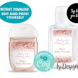 Roségoldene Händedesinfektionsetiketten, Sofort-Download, roségoldene Gastgeschenke, Brautparty, Babyparty, Hochzeits-Gastgeschenk-Etiketten