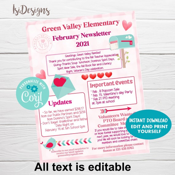 February PTO Editable Newsletter, Valentine's Day Upcoming Events School Flyer, Instant Download, February Newsletter Template Il_570xn