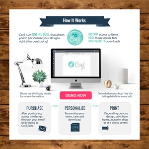 May include: A graphic showing how to use Corjl, an online tool for personalizing designs. The graphic shows a computer screen with the Corjl logo, a desk lamp, a potted plant, and three steps: purchase, personalize, and print. The text "Corjl is an ONLINE TOOL that allows you to personalize your designs right after purchasing!" is included in the graphic.