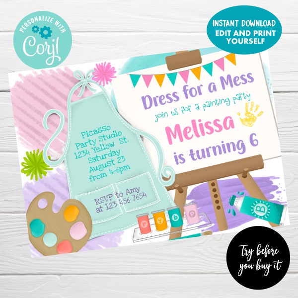 Painting Party Invitation, Editable Dress for a Mess Art Party Invitation, Instant Download, Girl Birthday Invite