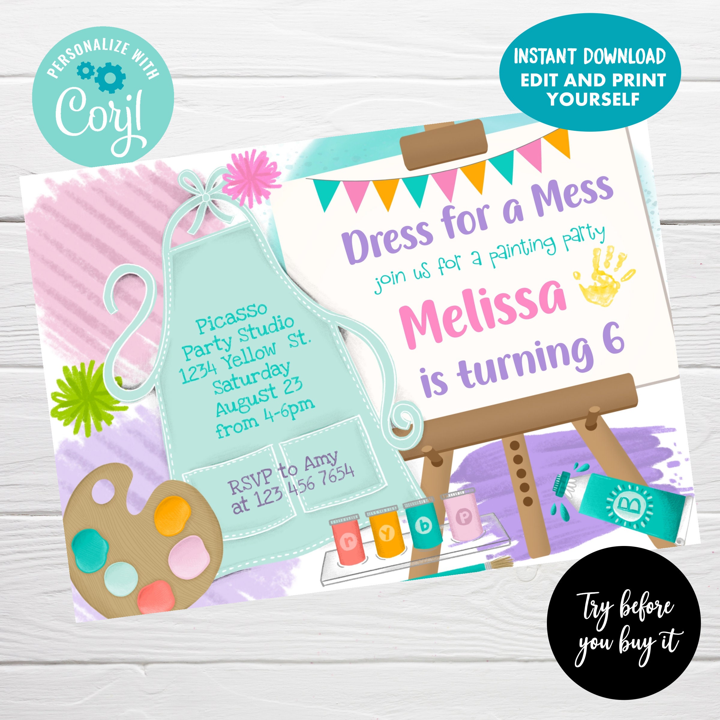 Painting Party Invitation, Editable Dress for a Mess Art Party Invitation,  Instant Download, Girl Birthday Invite - Etsy