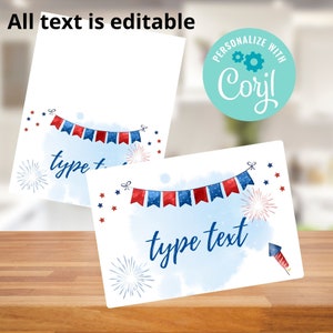May include: Two white cards with patriotic designs. Each card features a blue watercolor wash, red and blue bunting, fireworks, and stars. The text "type text" is in a script font. The top of the image reads "All text is editable".
