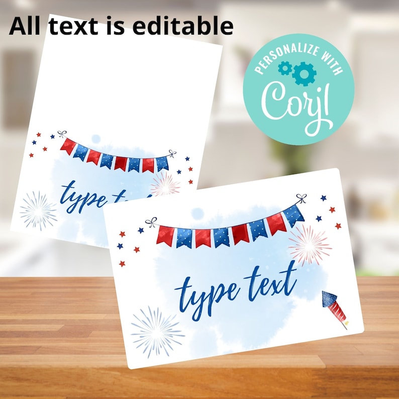 May include: Two white cards with patriotic designs. Each card features a blue watercolor wash, red and blue bunting, fireworks, and stars. The text "type text" is in a script font. The top of the image reads "All text is editable".