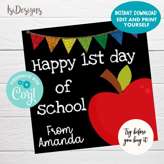 Back to School Gift Tag, Instant Download, Happy First Day of School Editable Favor Tags, Apple Chalkboard Tags Il_570xn