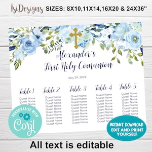 May include: A printable seating chart for a First Holy Communion celebration. The chart features a blue and white floral design with a gold cross. The text reads "Alexander's First Holy Communion" and "May 29, 2022". The chart is divided into five tables, each with space for guest names.