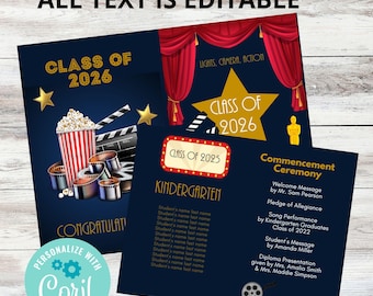 Editable Hollywood Graduation Program Template Movie Theme Ceremony Program Printable