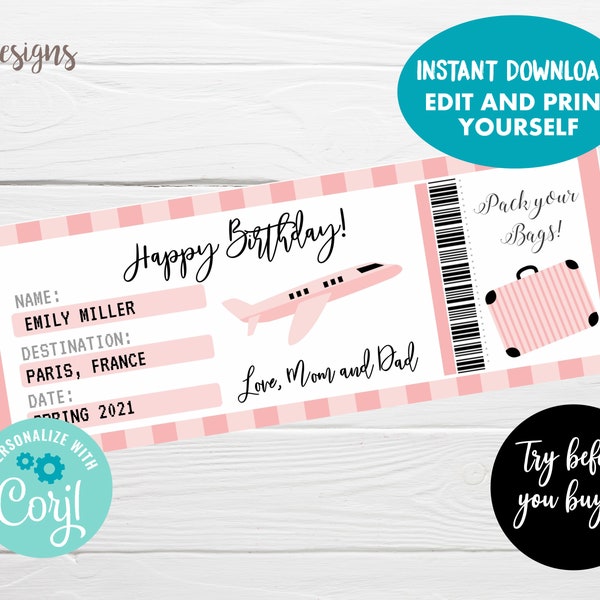 Surprise Vacation Gift Travel Ticket, Editable Boarding Pass, Instant Download