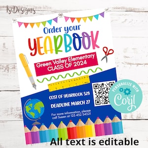 Yearbook Sale Flyer, Editable Yearbook on Sale Marketing Flyer Template, Instant Download, PTA PTO Yearbooks on Sale, Corjl Editable Flyer