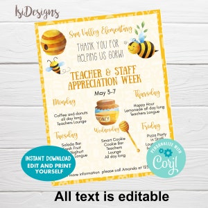 Puede incluir: Un p&oacute;ster imprimible amarillo y blanco con tem&aacute;tica de abejas. El p&oacute;ster dice "Semana de Apreciaci&oacute;n al Maestro y al Personal" y enumera las actividades para cada d&iacute;a de la semana. El p&oacute;ster est&aacute; decorado con abejas, panales y un tarro de miel.