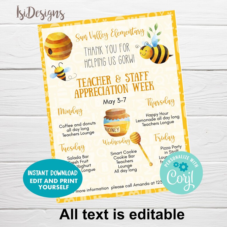 Puede incluir: Un p&oacute;ster imprimible amarillo y blanco con tem&aacute;tica de abejas. El p&oacute;ster dice "Semana de Apreciaci&oacute;n al Maestro y al Personal" y enumera las actividades para cada d&iacute;a de la semana. El p&oacute;ster est&aacute; decorado con abejas, panales y un tarro de miel.