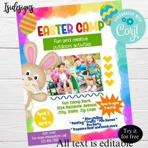 Puede incluir: Un folleto imprimible colorido para un campamento de Pascua. El folleto presenta un conejito de dibujos animados, una foto de niños jugando al aire libre y el texto "Easter Camp" en letras grandes y en negrita. El folleto también incluye información sobre el campamento, como la ubicación, las fechas y las actividades. El texto "All text is editable" está en la parte inferior del folleto.