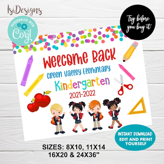 Back to School Welcome sign, Editable Kindergarten Welcome Back Sign, Instant Download Il_570xn