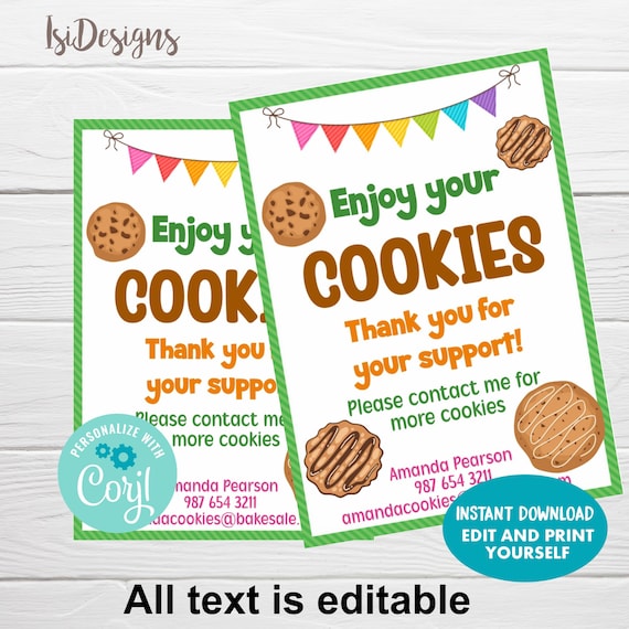 Cookie Sale Thank You Editable Tags, Cookie Booth Troop Thank You Note