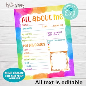 Puede incluir: Una colorida hoja de trabajo imprimible "All About Me" con texto editable. El diseño presenta un borde de acuarela arcoíris y secciones para detalles personales, favoritos y aspiraciones. Incluye el texto "Descarga instantánea, edita e imprime tú mismo".