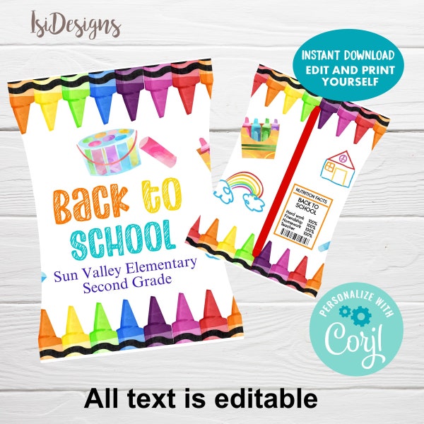 Back to School Editable Chip Bag, Instant Download, First Day of School Snack Bag, Teacher Gifts, Candy Bag, Party Bag, School Treat Bags
